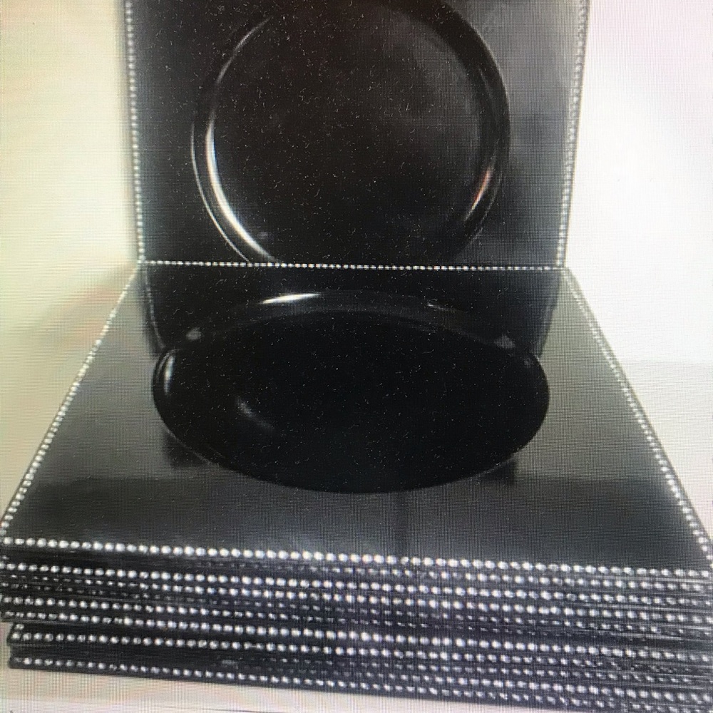 Six Centrum Square Black Lacquer Charger Plates Rhinestone Trim